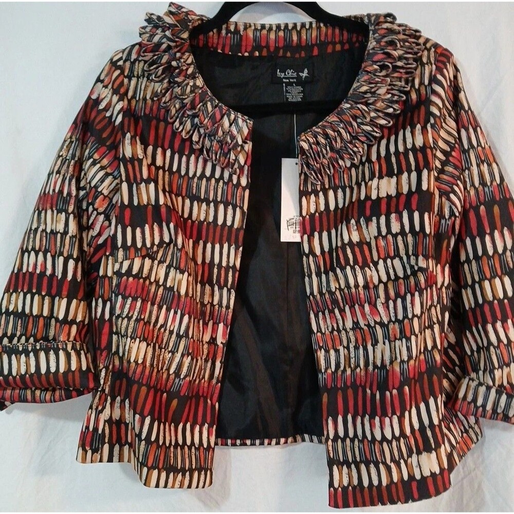 Ivy Chic New York Jacket-Blazer Reds- Orange-White- Ruffle Loop Collar W-  Large